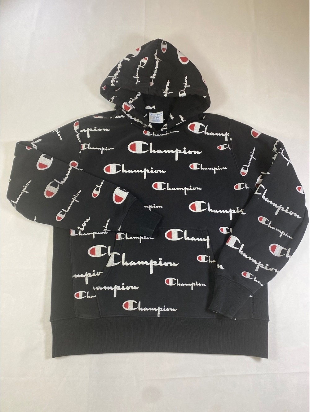 Champion Reverse Weave Black All-Over Logo Hoodie Size L